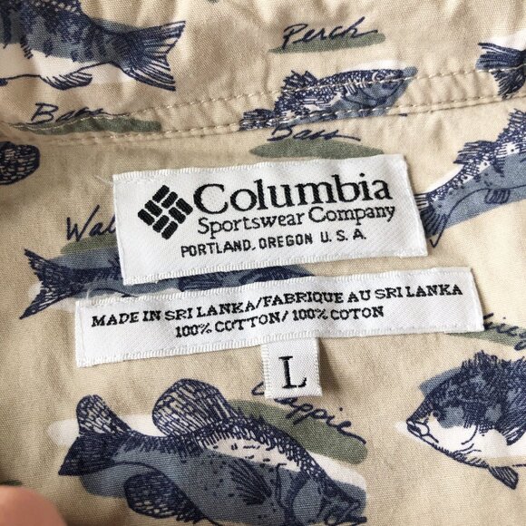 COLUMBIA Fish Print Long Sleeve Tan Button Up Shirt Mens Large Fishing Outdoor - Picture 3 of 7